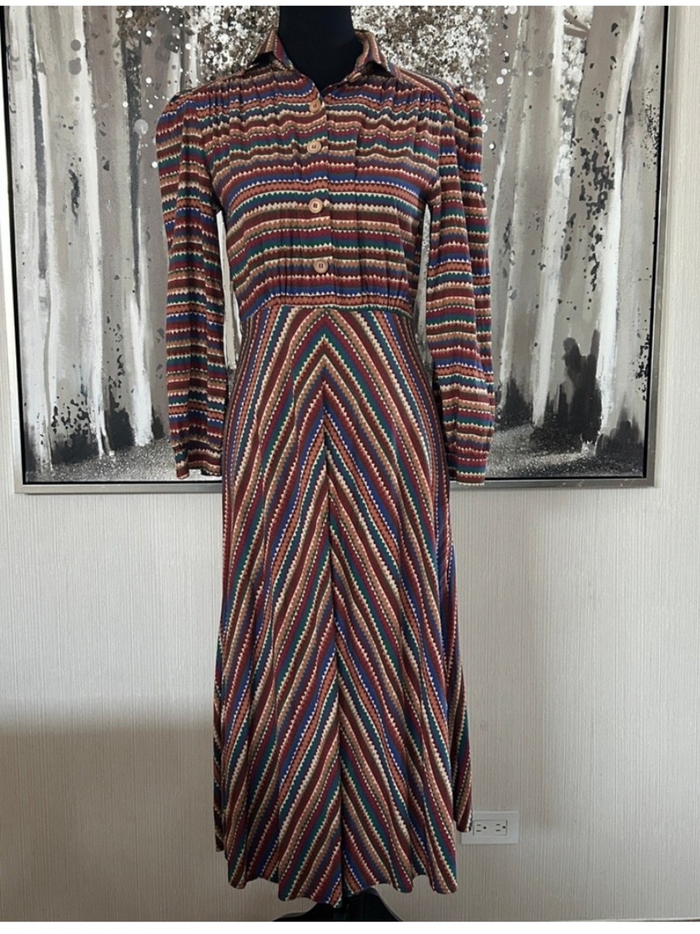 Vintage-Inspired Striped Long Sleeve Maxi Dress in Multi-Color